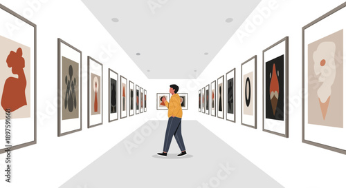 Art Gallery Visitor Admiring Modern Abstract Paintings Collection