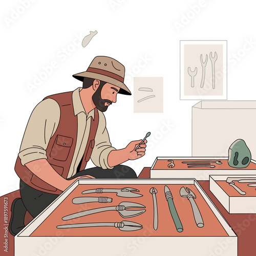 Archaeologist Examines Ancient Artifacts In Museum Display Collection Of History