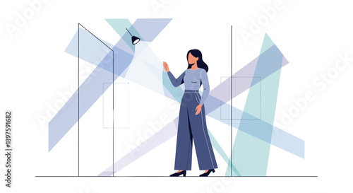 Art Gallery Visitor Examining Modern Exhibit With Abstract Light Projections