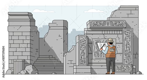 Archaeologist Sketches Ancient Hieroglyphs At Ruined Temple Site