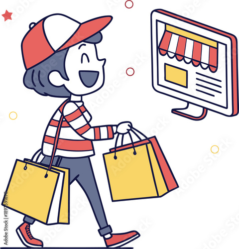 Cartoon woman with shopping bags looking at computer screen, store on it isolated on transparent background