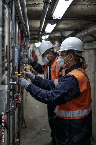 Workers Check Equipment in Underground Facility Wearing Helmets and Masks Dur...