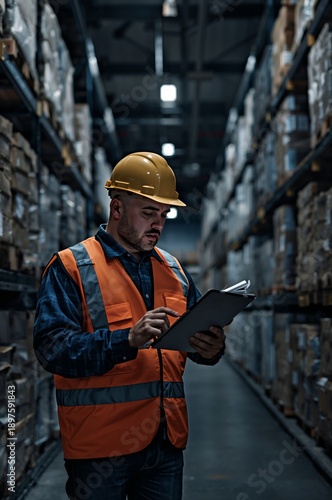 Worker Checks Inventory in a Warehouse During Evening Hours While Wearing Saf...