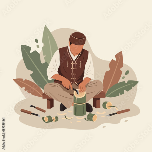 Artisan Skillfully Carving Bamboo Craftsmanship Traditional Handcrafted Object