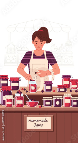 Artisan Woman Crafting Preserves At Outdoor Farmers Market Stall