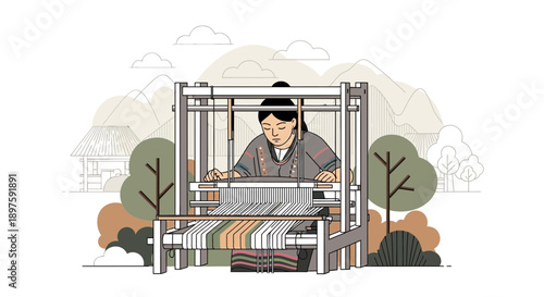 Artisan Woman Weaving Textiles On Traditional Loom In Scenic Village Landscape