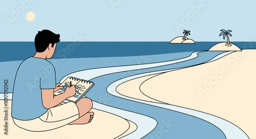 Artist Captures Serene Island Vista While Sketching Coastal Waves