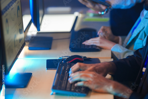 Obraz na plátne Cyber defenders race against time hands fly keyboard analyze threat data respond instantly command center active intense vigilance protects network now secure future build shield up protect now
