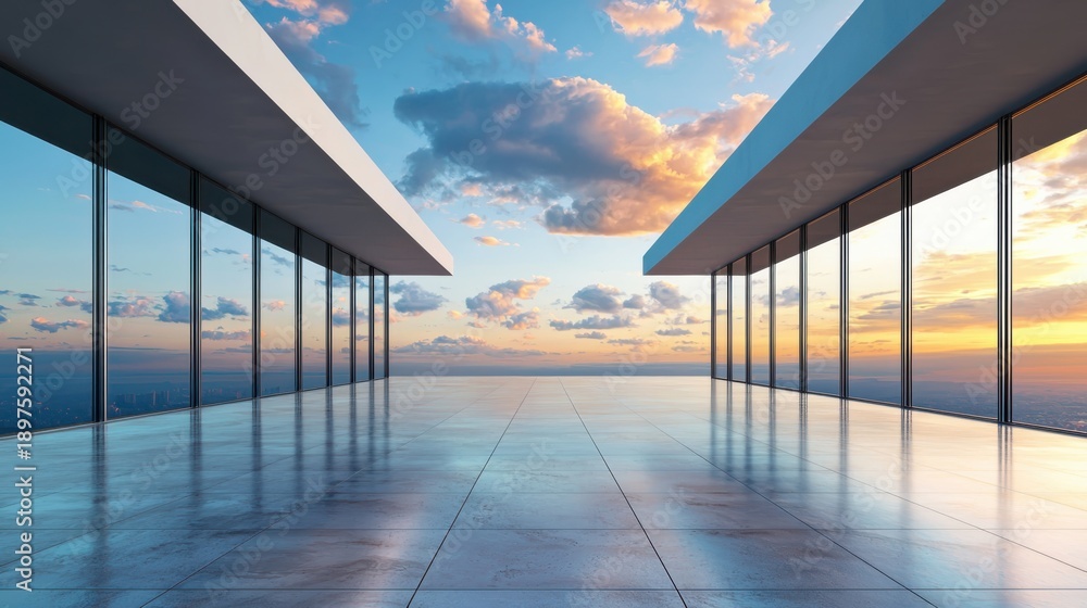 Obraz premium Modern minimalist architectural terrace with floor-to-ceiling windows reflecting a stunning sunset sky with dramatic clouds over a city skyline, offering a breathtaking panoramic view.
