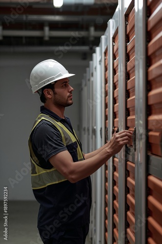 Worker Checks Storage Units in a Facility During Working Hours in the Evening