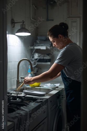 Woman Washing Dishes in Kitchen at Night With Bright Light and Clean Surround...
