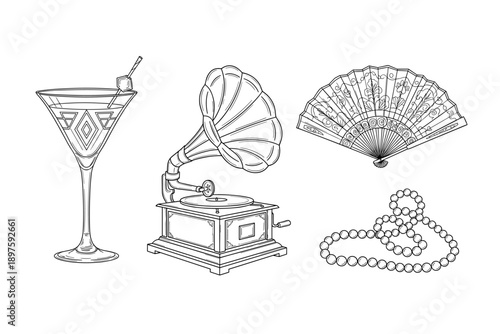 Classic vintage objects and accessories from a glamorous bygone era, featuring a gramophone, cocktail glass, elegant fan, and long pearl necklace.