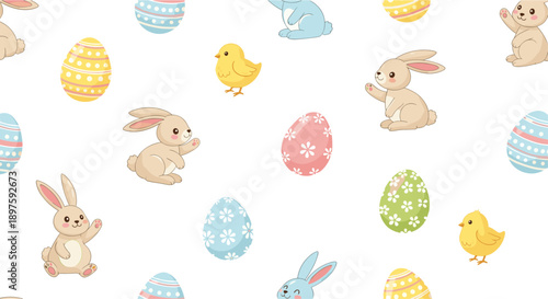 Adorable Easter bunnies, chicks, and eggs are scattered across a cheerful seamless pattern, perfect for spring holiday celebrations and children's designs.