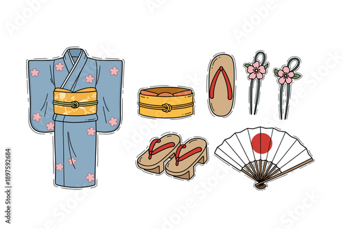 Traditional Japanese clothing accessories and objects are neatly arranged in a charming doodle style, showcasing the rich cultural heritage.
