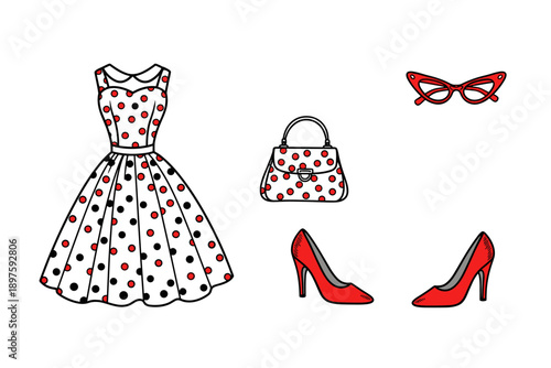 Retro fashion accessories and clothing items in a classic style, featuring a polka dot dress, matching handbag, red high heels, and cat-eye glasses.