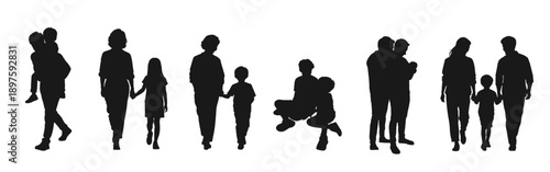 Family silhouette: mother and daughter, grandmother with grandson, parents, father and son, and siblings.