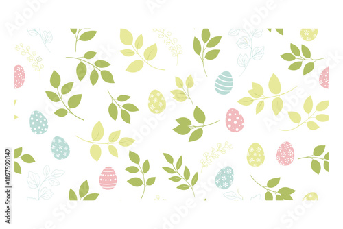 Easter eggs and green leaves create a delightful seamless pattern, perfect for spring holiday designs, festive decorations, and seasonal celebrations.