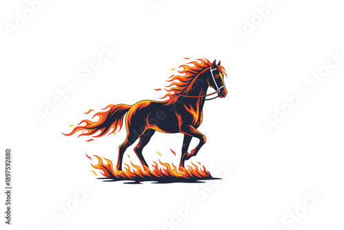 Powerful horse illustration with fiery mane and tail depicting strength and speed as it gallops through a trail of vibrant orange and yellow flames.