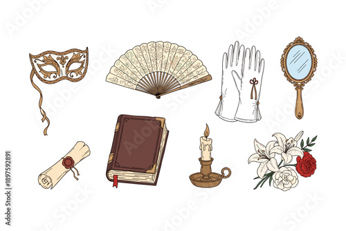 Elegant vintage items collection featuring a masquerade mask, folding fan, gloves, and other historical objects for a classic design.