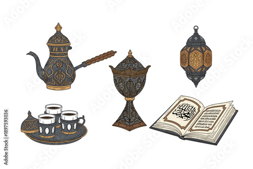Traditional Arabic cultural items, including a coffee pot, censer, lantern, coffee cups, and a holy book, are beautifully illustrated in this vibrant collection.