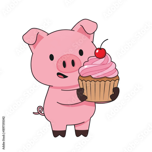 Cute Pink Pig Holding Cupcake Illustration with Whimsical Dessert Theme.