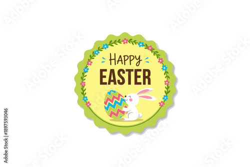 Cute Easter bunny holding colorful egg badge design with Happy Easter text and floral border, perfect for holiday greetings and celebrations.