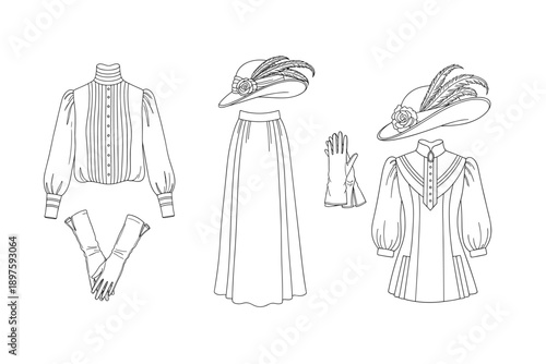 Vintage women's fashion garments and accessories line art illustration showcasing elegant blouses, a long skirt, feathered hats, and gloves from a historical era.