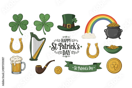 St. Patrick's Day symbols and festive elements are arranged in a vibrant collection, featuring shamrocks, a leprechaun hat, a rainbow, a pot of gold, and other traditional Irish icons.