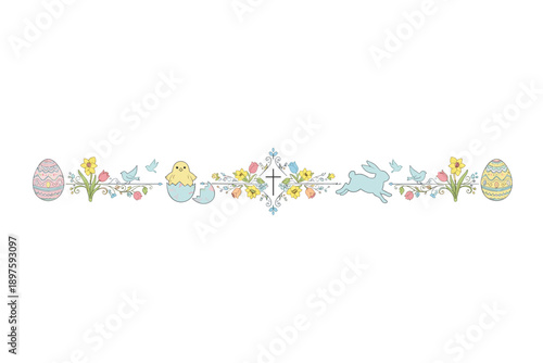 Easter spring border design featuring eggs, chick, bunny, flowers, and birds with a subtle cross element, perfect for festive decorations and religious celebrations.