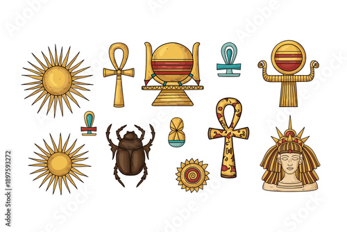 Ancient Egyptian symbols and artifacts are depicted in a vibrant cartoon illustration, showcasing various cultural and religious elements from the historical civilization.
