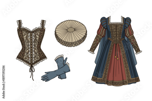Historical clothing items, including an ornate corset, elegant gloves, a pleated ruff, and a beautiful Renaissance gown, are meticulously illustrated with intricate details.