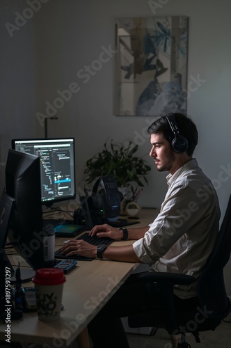 Person Works at Computer in Home Office While Wearing Headphones in the Evening