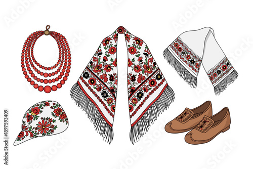 Traditional Ukrainian folk clothing accessories and jewelry collection, including embroidered scarves, a beaded necklace, and leather shoes, showcasing rich cultural heritage.