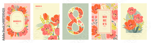 Set of elegant greeting card designs for International Women's Day in a modern style with a grainy texture, featuring images of tulips, mimosa branches, and the number eight. Vector illustration.