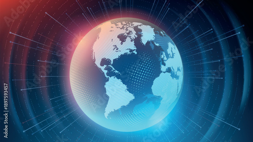 Blue abstract futuristic background. Tech vector. Sunrise. Satellites and rockets in orbit of planet Earth. Plasma clot of energy. Glowing rays with flickering particles. Science and technology.