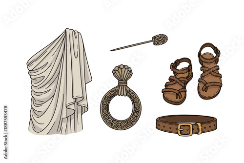 Classical ancient Roman and Greek clothing and accessories, such as a draped toga, leather sandals, a belt, and ornate jewelry, are illustrated.