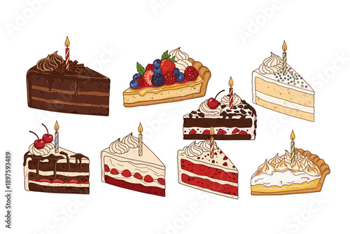 Delicious assorted cake slices and pie slices with candles, featuring various flavors and toppings, perfect for celebrating birthdays and special occasions.