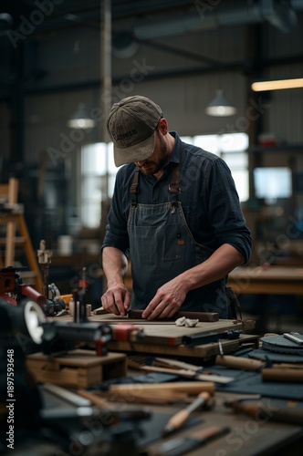 Craftsman Works on Wood Project in Workshop During Daytime With Tools Around Him