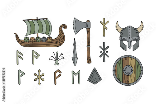 Viking elements and ancient Norse symbols are depicted in a colorful hand-drawn illustration style, showcasing historical culture and mythology.