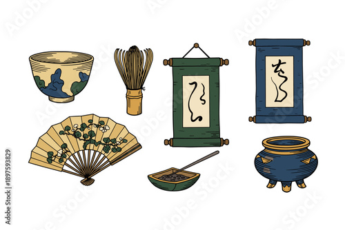 Japanese traditional tea ceremony items and cultural artifacts are beautifully illustrated in a charming doodle style, showcasing various elements of Asian heritage.
