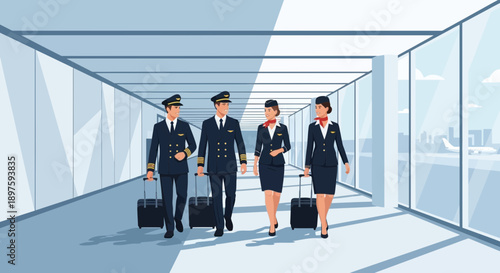 Aviation Professionals Traveling Through A Modern Airport Terminal