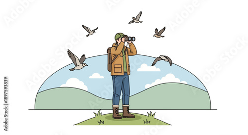Avid Birdwatcher Observing Nature With Binoculars And Flying Birds