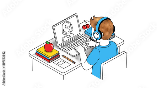 Online learning: student video conferencing at home with computer and books