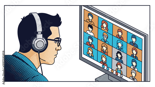 Online meeting video call pop art style with diverse people on screen