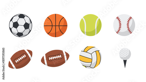 Colorful flat icon set of popular sports balls for athletic themed designs