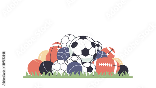 Diverse sports balls in grass pile on white background