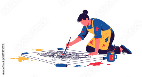 Artist Creating Abstract Artwork With Paint And Brush On Canvas