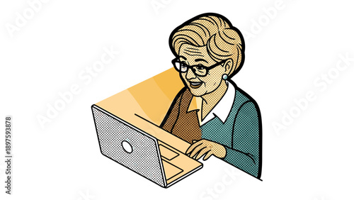 Senior woman using laptop in pop art style