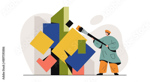 Artist Creating Abstract Geometric Sculpture With Paintbrush