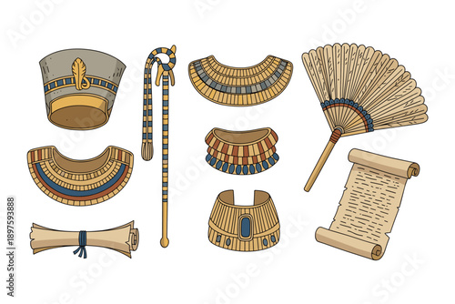 Ancient Egyptian artifacts and symbols, including a pharaoh's crown, crook, flail, collars, fan, and papyrus scrolls, are depicted in a colorful cartoon style.